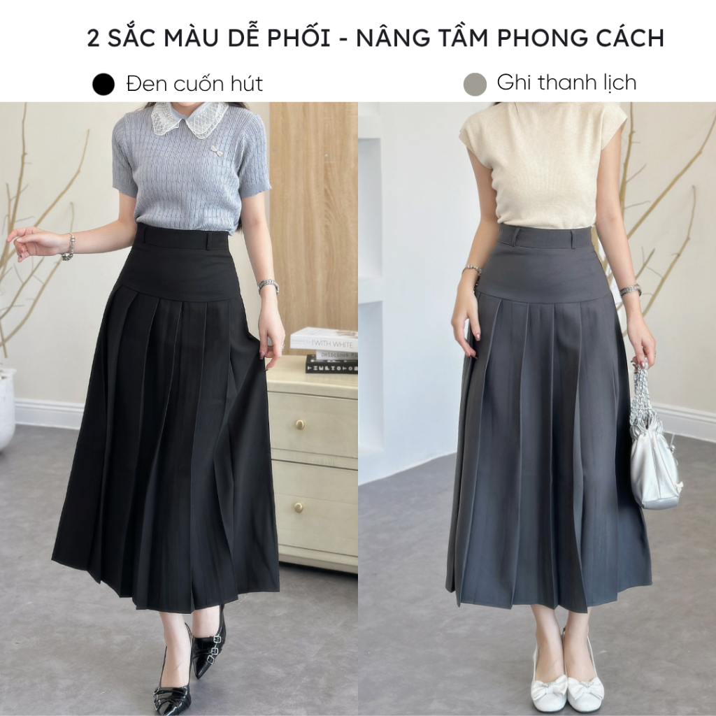 Chân váy xếp ly dáng dài Mely Fashion midi cạp cao chiết eo che bụng tôn dáng mặc được 2 mặt dễ phối đồ có bigsize CV75 | BigBuy360 - bigbuy360.vn