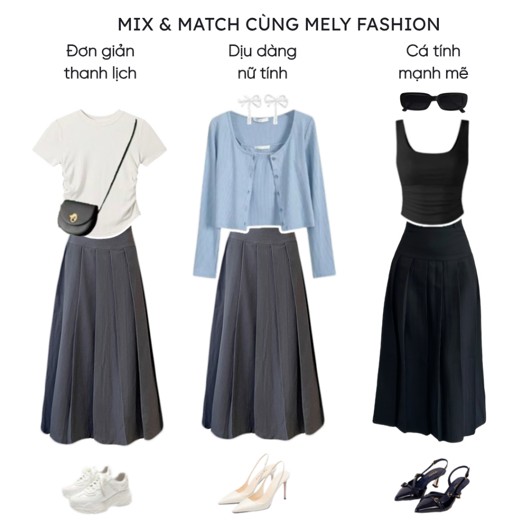 Chân váy xếp ly dáng dài Mely Fashion midi cạp cao chiết eo che bụng tôn dáng mặc được 2 mặt dễ phối đồ có bigsize CV75 | BigBuy360 - bigbuy360.vn