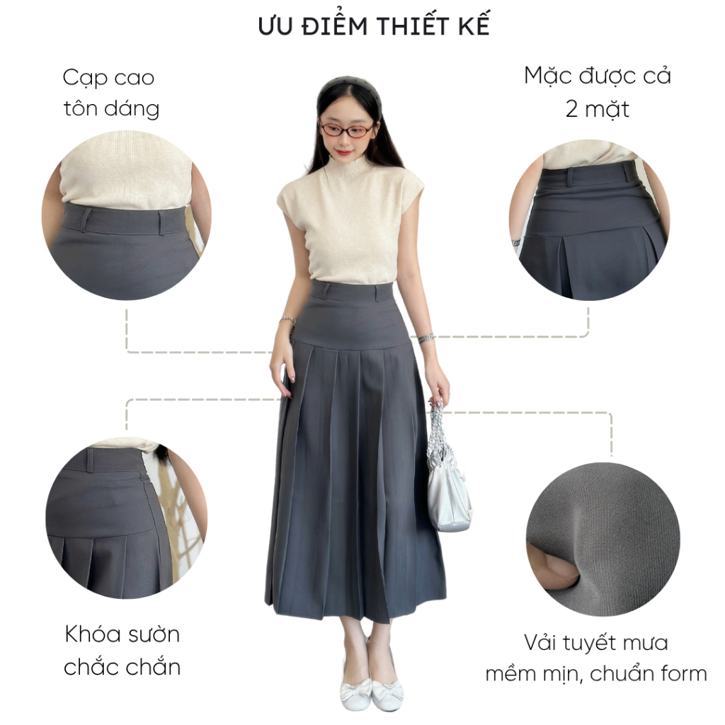 Chân váy xếp ly dáng dài Mely Fashion midi cạp cao chiết eo che bụng tôn dáng mặc được 2 mặt dễ phối đồ có bigsize CV75 | BigBuy360 - bigbuy360.vn