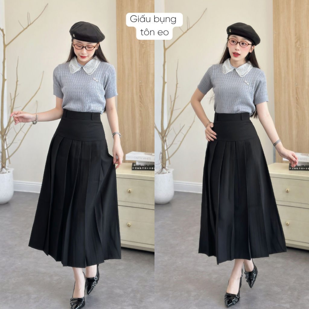 Chân váy xếp ly dáng dài Mely Fashion midi cạp cao chiết eo che bụng tôn dáng mặc được 2 mặt dễ phối đồ có bigsize CV75 | BigBuy360 - bigbuy360.vn
