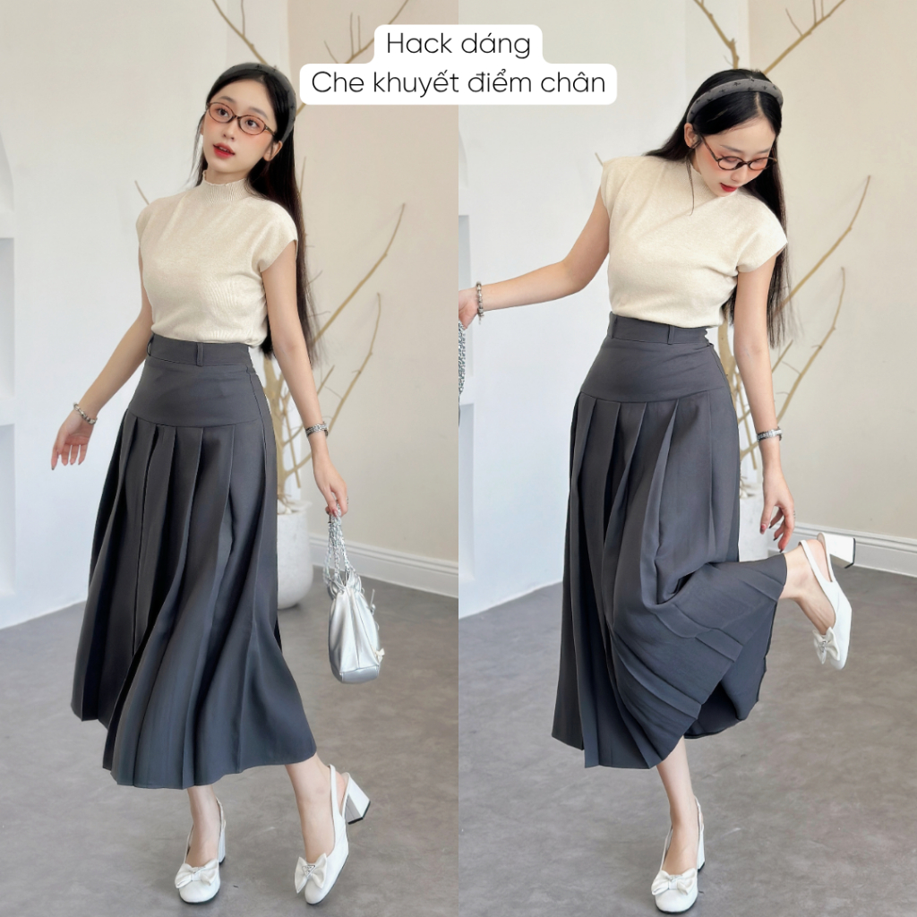 Chân váy xếp ly dáng dài Mely Fashion midi cạp cao chiết eo che bụng tôn dáng mặc được 2 mặt dễ phối đồ có bigsize CV75 | BigBuy360 - bigbuy360.vn