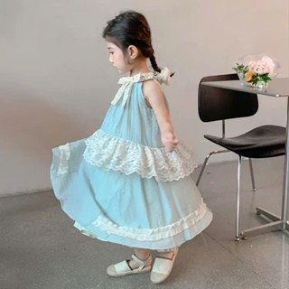  Váy tơ xanh ngọc cổ yếm bé gái 