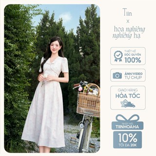 Váy đầm hoa nhí thiết kế nữ TIINSTORE cổ tim cúp ngực đính nơ dáng xoè thanh lịch VHN.2505.161
