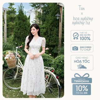Váy đầm hoa nhí thiết kế TIINSTORE cổ tim chiết ly thân dáng dài xoè thanh lịch VHN.2505.177