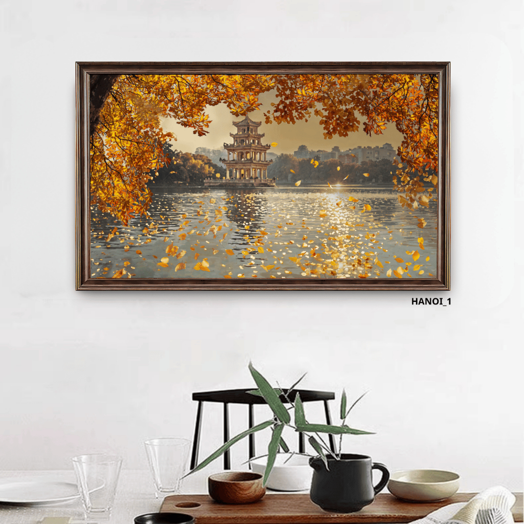 [ẢNH THẬT] Tranh Treo Tường Mùa Thu Hà Nội Hồ Gươm, Hàng Rong - Tranh Treo Tường Vintage Decor Phòng