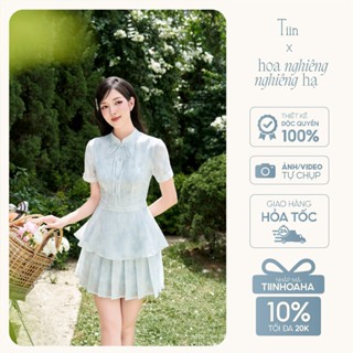 Set áo nữ TIINSTORE cổ trụ thắt nơ peplum phối chân váy cạp liền dáng xoè AHN.2506.209 CHN.2506.210