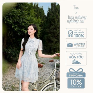 Váy đầm hoa nữ TIINSTORE thiết kế cổ đức đính nơ chân nhún xoè thanh lịch sang trọng VHN.2506.223