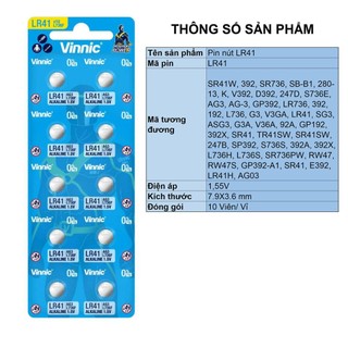[CHÍNH HÃNG] Vỉ 10 Pin cúc áo VINNIC AG3 / LR41W / 392A / CX41 dùng cho đồng hồ đeo tay thiết bị điện tử