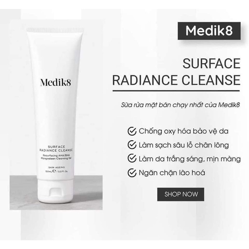 Sữa Rửa Mặt Giúp Làm Sạch Sâu Và Kiểm Soát Mụn AHA/BHA Medik8 Surface Radiance Cleanse 500ml