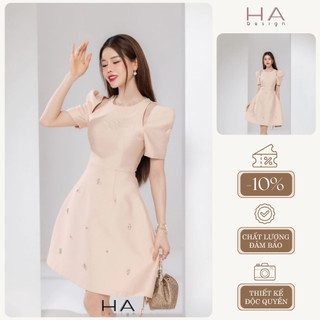 HA09 Váy thiết kế cổ yếm khoét vai dáng xoè đính đá, Đầm dự tiệc cao cấp, nhẹ nhàng nàng thơ