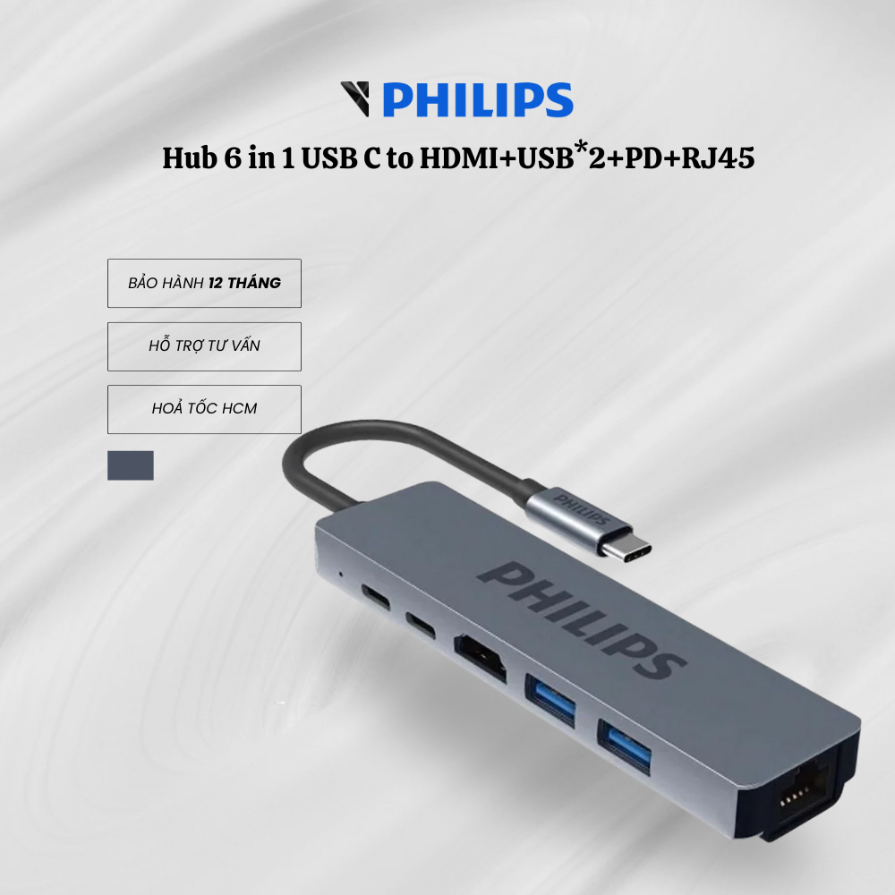 Hub chuyển đổi Philips 6in1 USB C to HDMI+USB*2+PD+RJ45 bền bỉ, dẫn truyền mạnh mẽ