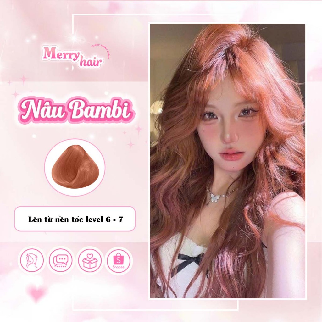  Thuốc nhuộm tóc màu NÂU BAMBI Nâng Tone MERRY HAIR tặng kèm oxy trợ dưỡng và bao tay bền màu 