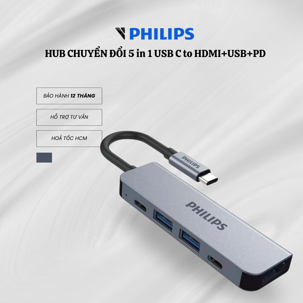 Hub chuyển đổi Philips 5 in 1 USB C to HDMI+USB+PD đa năng, hiệu suất vượt trội