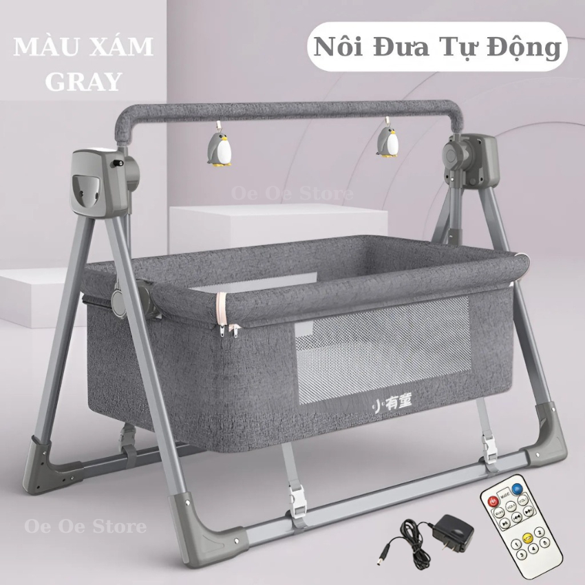 Nôi điện cho bé, nôi cho trẻ sơ sinh tặng kèm màn và nệm, có điều khiển từ xa kèm nhạc bluetooth Oe Oe Store