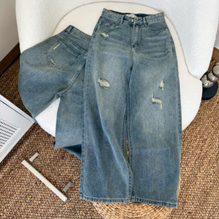 [Q01] Quần jean suông nữ vải QC cao cấp phối rách