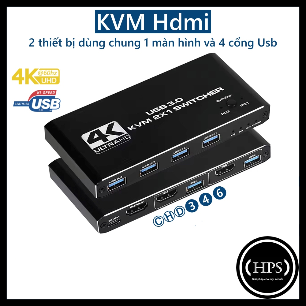 Bộ KVM HDMI từ 2 thiết bị vào 1 màn hình hỗ trợ 4k60hz, 4 cổng usb 3.0 dùng chung - HPS HDM346