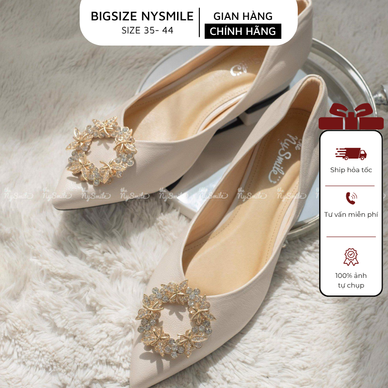 Giày cao gót búp bê nữ mũi nhọn phối vòng hoa đá gót cao 1 phân The NySmile - LAREL form nhỏ tăng si