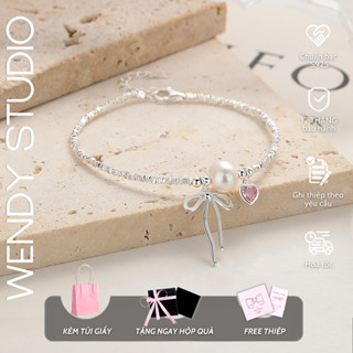 Lắc Tay Bạc Nữ WENDY Hạt Bạc Vỡ Mix Charm Nơ Thắt Và Trái Tim Đá Hồng Điểm Trai Nước Ngọt Tự Nhiên