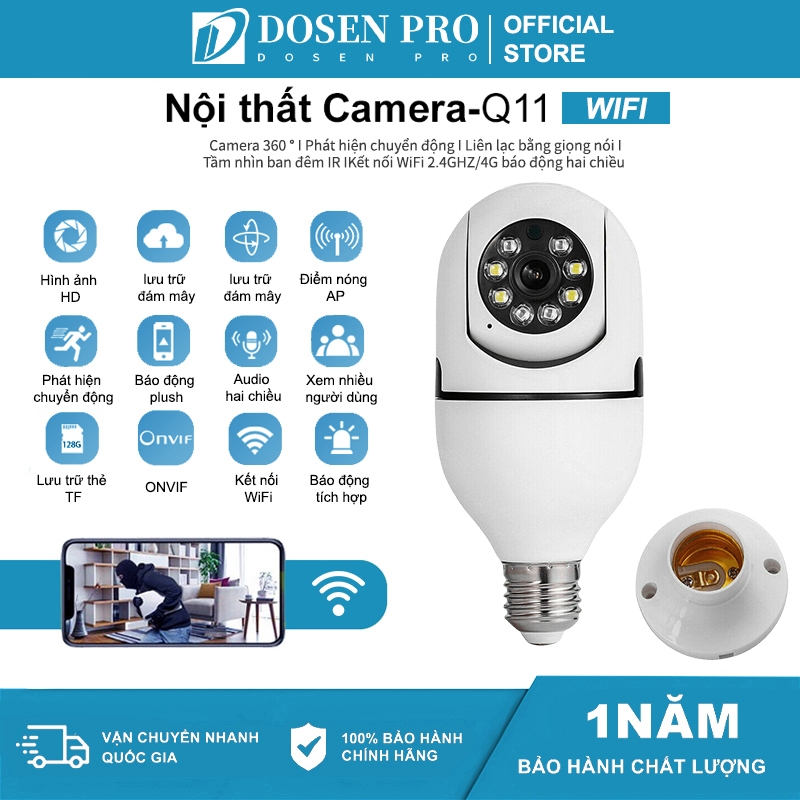 DOSEN không dây Q11 xoay 360, hình độ bóng đèn, HD 1080P kết nối với điện thoại từ xa, tầm nhìn ban đêm V380 Pro App