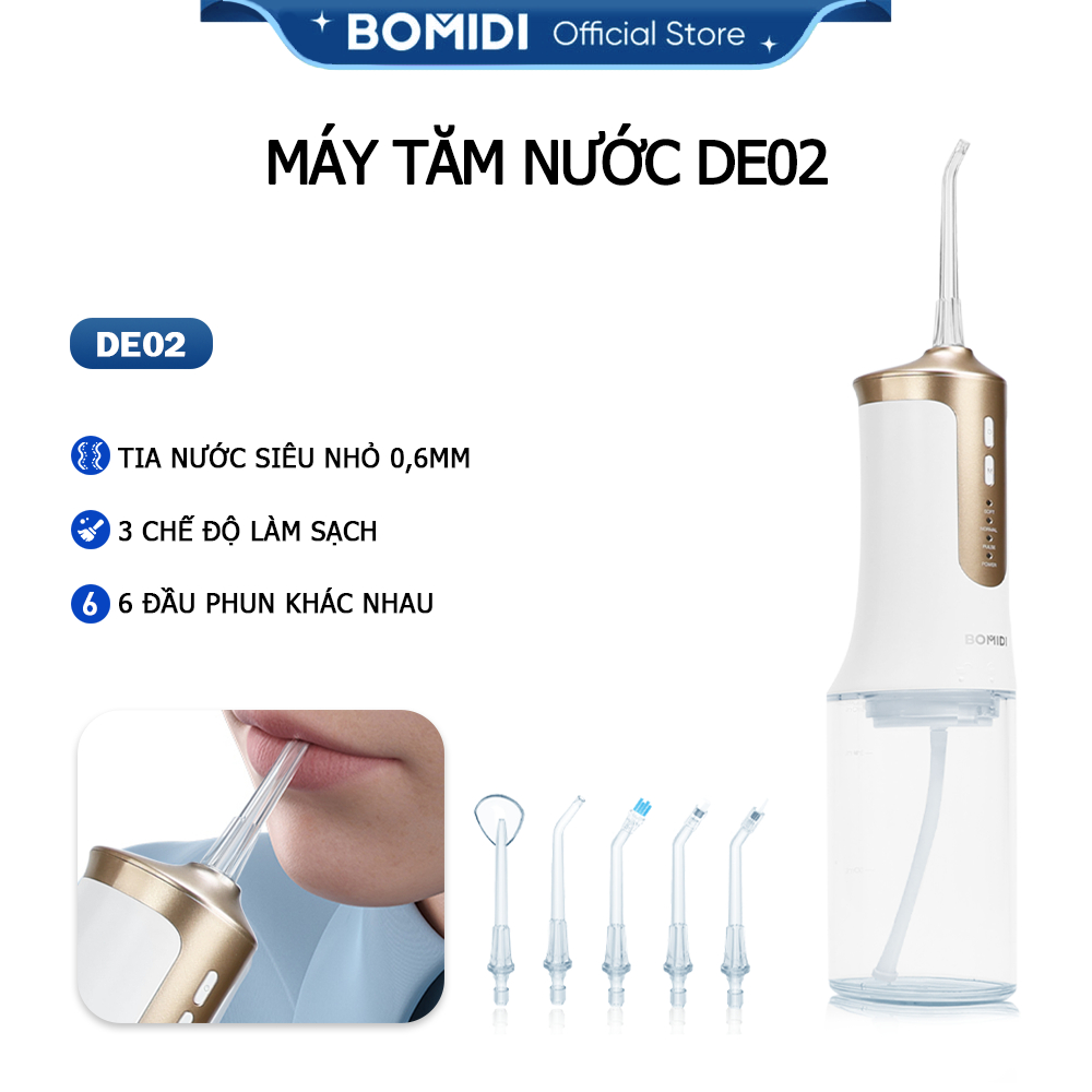 Máy Tăm Nước BOMIDI DE02- Tăm Nước Cầm Tay 3 chế độ dùng được răng Miềng 240ML Làm Sạch Răng