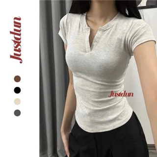 Áo thun cổ trụ tàu ôm body cotton Justdun, Áo Babytee Y2K Cổ Ôm 100% Cotton Phong Cách Streetwear 2024 Bycamcam