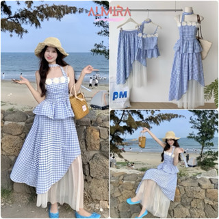 Sét Váy Nữ Kẻ Caro Màu Xanh Gồm Áo 2 Dây Đính 5 Bông Hoa + Chân Váy Phối Vạt Chéo 2 Lớp