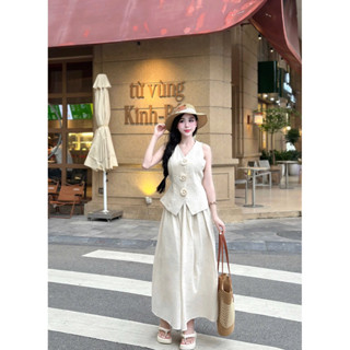 [171] Set tiểu thư hai món áo sát nách phối hoa trà chân váy maxi sang trọng đi tiệc đi chơi chất liệu Linen loại 1