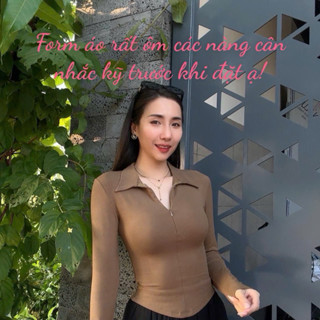 A049- Áo thun nữ kiểu sang chảnh, cổ bẻ, phối khoá kéo, vạt bầu, thun cotton mềm ôm sát rạt người, tay dài