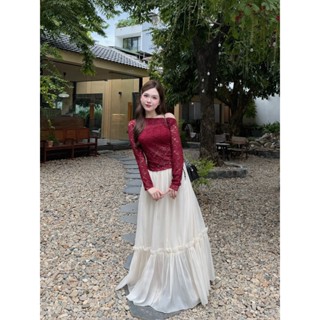Set áo ren tay dài lệch vai kèm áo quây chân váy voan tầng lưng chun Ảnh thật/Sẵn