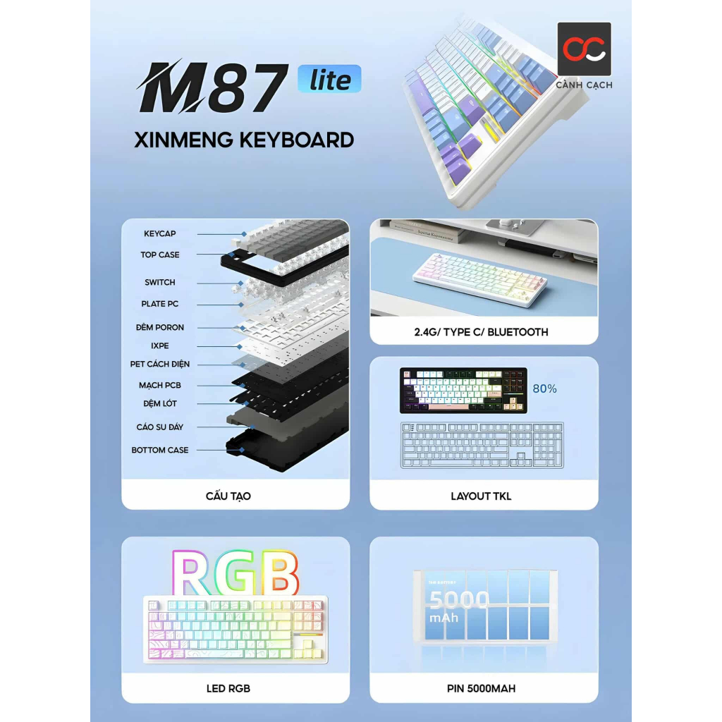 BÀN PHÍM CƠ GAMING XINMENG M87 LITE 3 MODE KHÔNG DÂY | 1 MODE CÓ DÂY | BigBuy360 - bigbuy360.vn