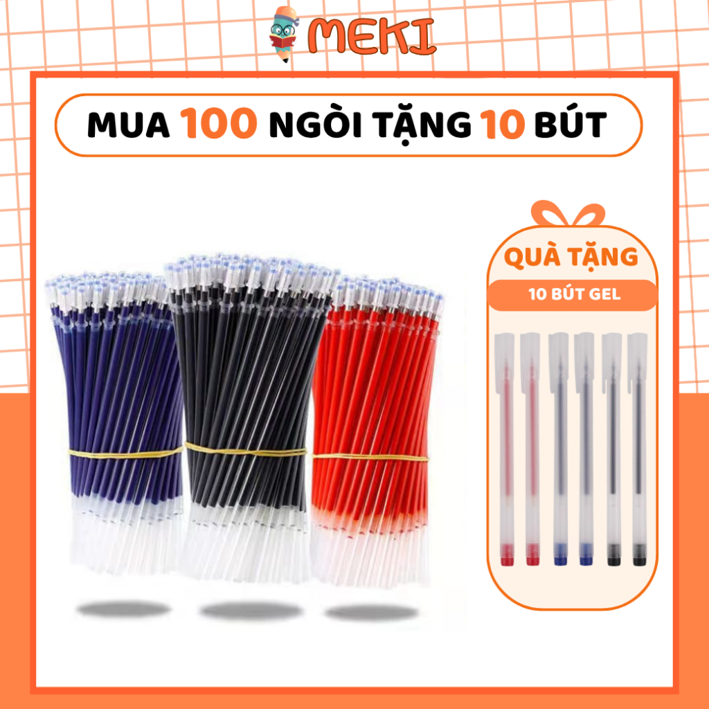 Combo 100 Ngòi Bút Gel MEKI Ruột Bút Gel 0,5mm 13cm Đủ Màu Đen Đỏ Xanh, Lắp Vừa Bút Gel Nắp Cài