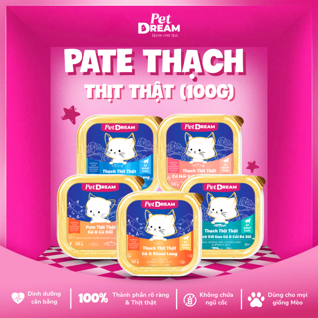 Thức Ăn Cho Mèo PET DREAM Dạng Pate Thạch Hộp 100 Gram, Pate Gà, Pate Cá Ngừ, Pate Cá Hồi, Pate Cá T