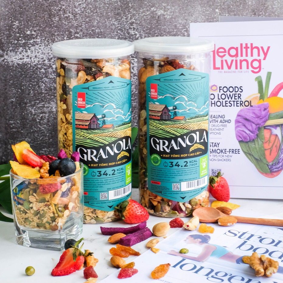 Granola Cao Cấp Mix 12 Loại Hạt Thương Hiệu Gạch Đỏ 500G Óc Chó Macca Ít Yến Mạch