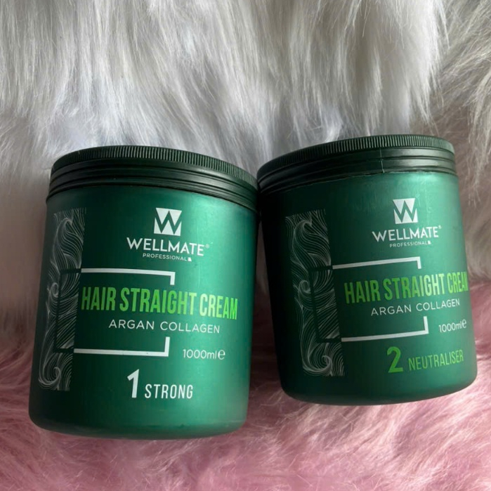 Duỗi tóc Wellmate Argan Collagen xanh (1000ml x2), mềm hóa nhanh, tóc thẳng, mượt, mùi dễ chịu