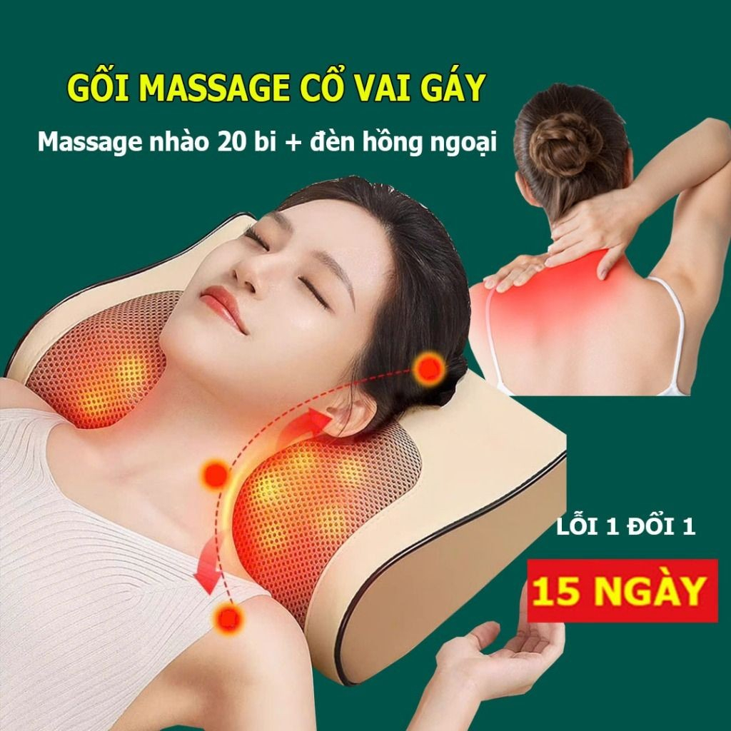 Gối massage hồng ngoại cổ vai gáy, máy massage 20 bi cao cấp hỗ trợ mát xa vùng cổ,vai gáy toàn thân tiện ích