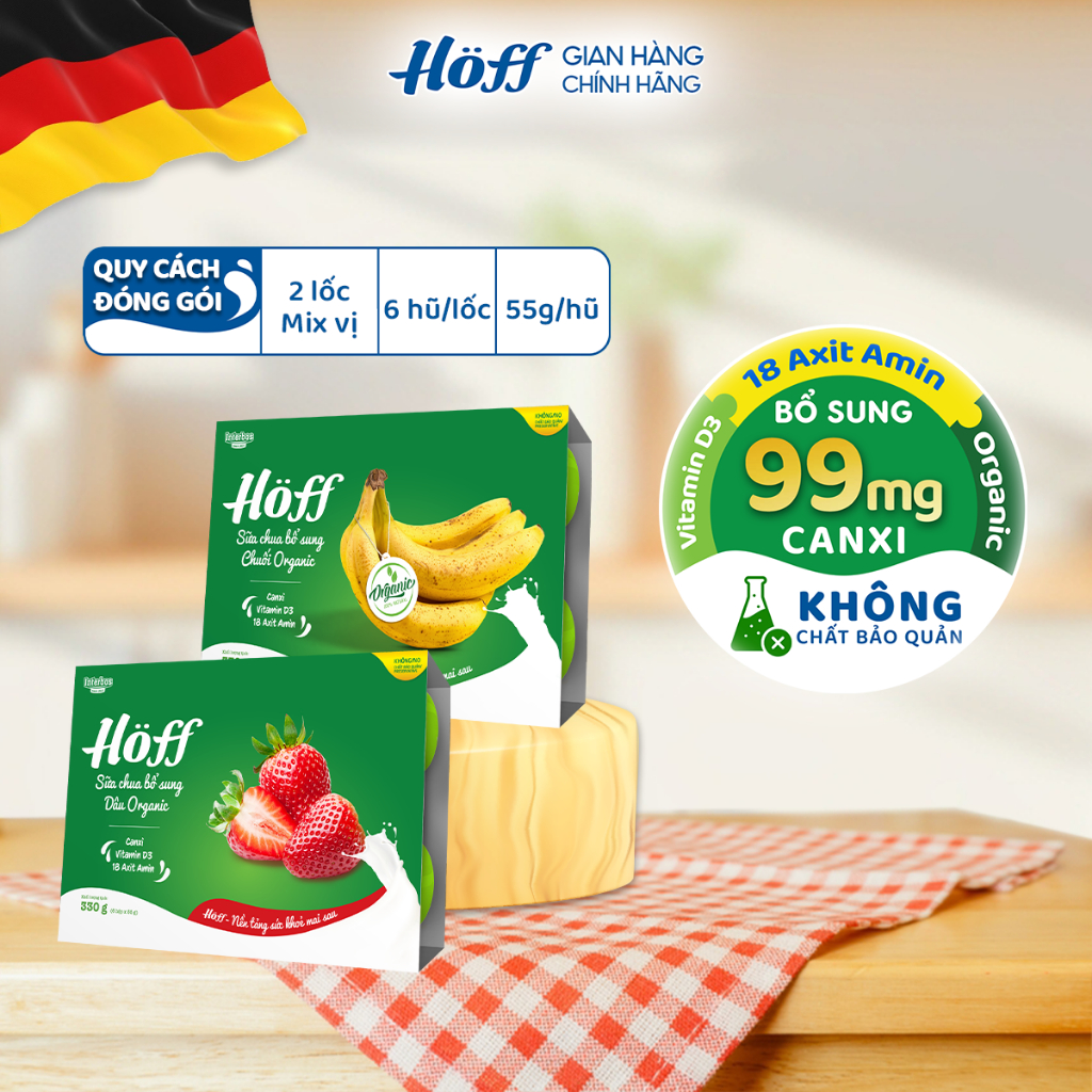 Combo Sữa Chua HOFF mix vị bổ sung Chuối/Dâu Organic bổ sung dưỡng chất cho bé 2 Lốc (12 hộp x 55g)