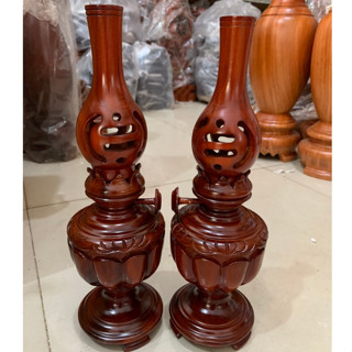  Cặp Đèn thờ - Cặp đèn thờ gia tiên kiểu đèn dầu gỗ xà cừ nguyên khối cao 30cm 35cm 40cm 