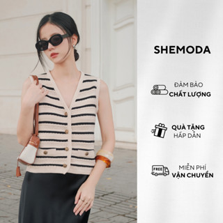 Áo Gile Nữ Dệt Kim SHEMODA Stripes Eyelet Gile Họa Tiết Kẻ Ngang, Áo Sát Nách Nữ Cổ V Trẻ Trung