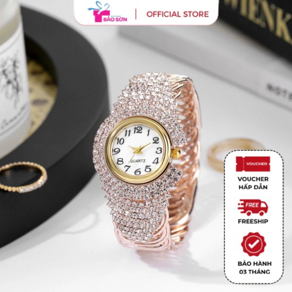 Đồng Hồ Nữ QUARTZ Kiểu Lắc Tay Đính Đá Pha Lê, Dây Xoắn Lò Xo Co Giãn, Sang Trọng Như Trang Sức