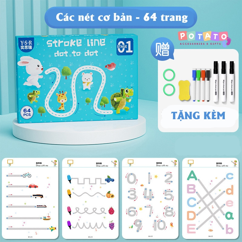 Bộ Tập Tô Viết Xoá thông minh 64 trang-Tặng kèm 6 bút màu-Rèn kĩ năng sớm cho bé từ 2-5 tuổi