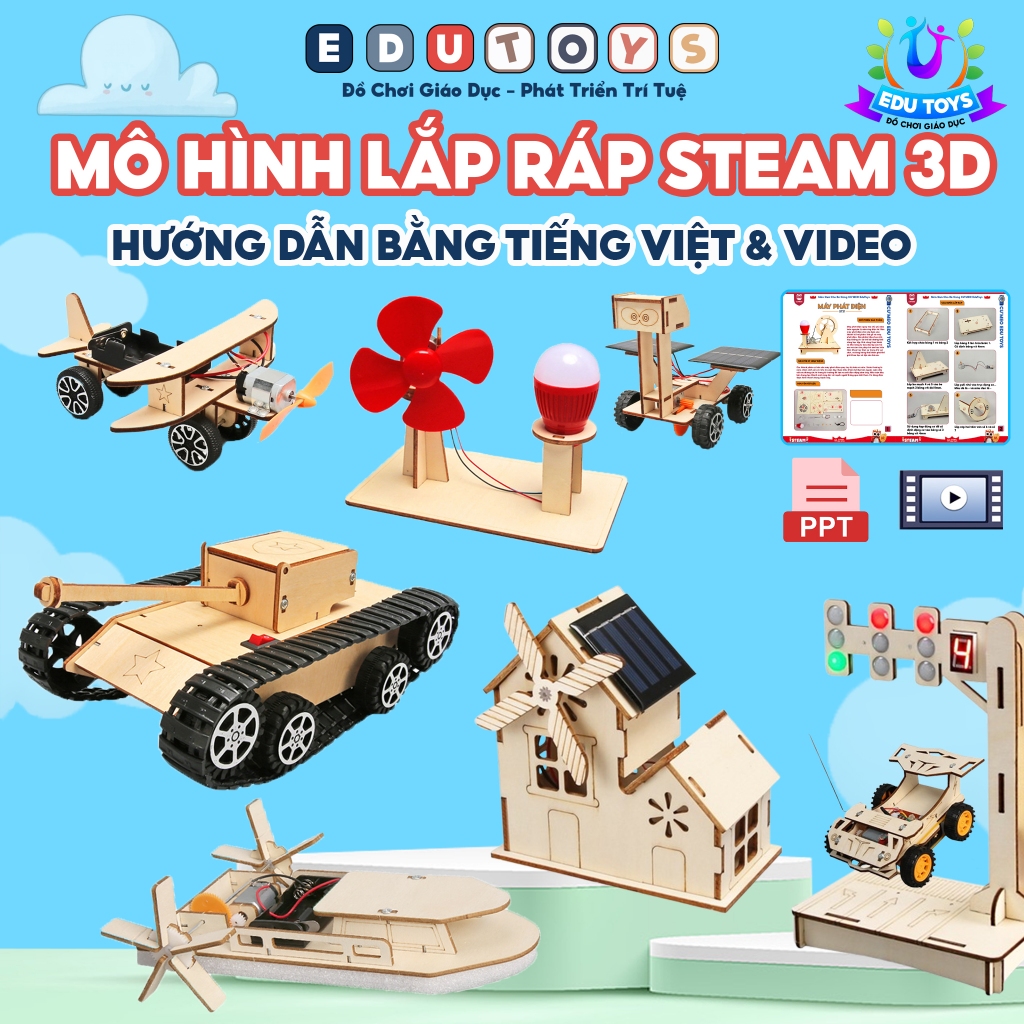 Combo Mô Hình Lắp Ráp STEAM 3D bằng gỗ: Máy Phát Điện, Cano, Vệ Tinh, Cối Xay Gió, Xe Tăng, Tua Bin, Xe Đua,.. EDU TOYS