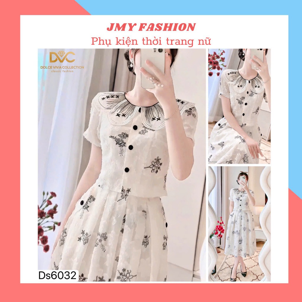 DS6032 Set áo chân váy xoè kem hoa thêu đen sang chảnh [Dolce Viva Colection (DVC/ACC)]