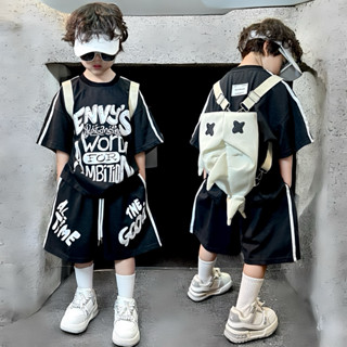 BABYBUYvip 6019- Bộ quần áo cộc tay đen phai ghi in trắng quần ngố to thụng cho bé trai và bé gái