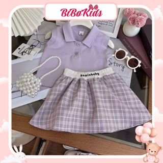 BíBoKids Váy Polo Cho Bé, Áo Polo Sát Nách Phối Váy Caro Tím Thể Thao Cho Bé Gái từ 10 - 30 kg