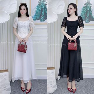 E586 LEOSWEARING set váy nữ áo kiểu peplum cổ vuông xẻ trước chất tơ thêu mix chân váy lưới dài
