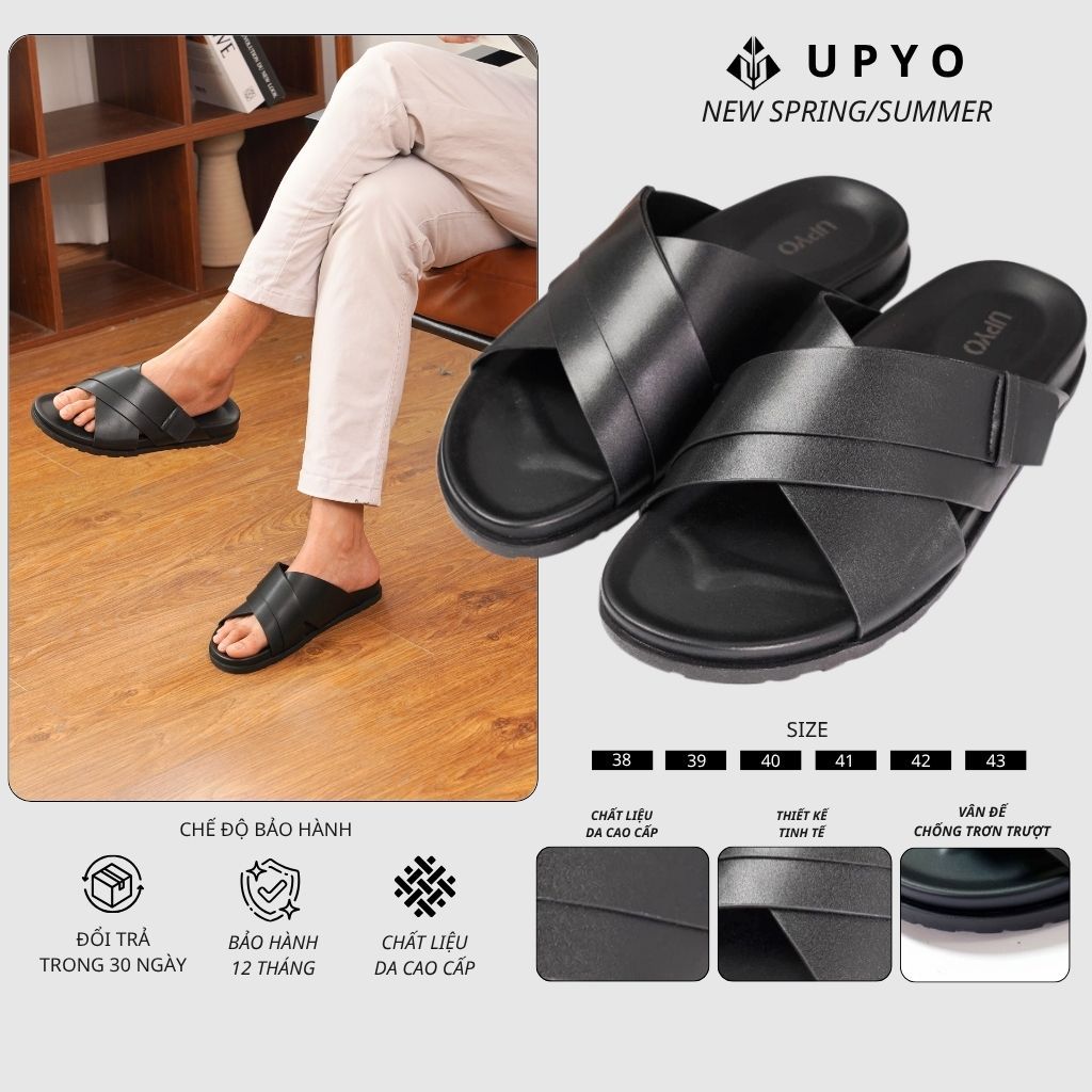 Dép Nam Quai Ngang Upyo Lex, Đế Cao Su Chống Trơn, Tăng Chiều Cao, Dép Da Bảo Hành 1năm (Lex -UD52)