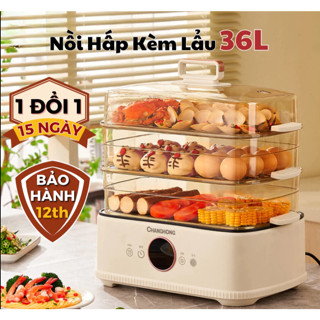 Nồi Hấp Kèm Lẩu 36L. Máy Hấp Điện Đa Năng 3 Tầng Kèm Hấp 2 trong 1, nhập khẩu chính hãng, BH 12 Tháng.