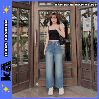 ( Nấm Lùn Siêu Xinh ) Quần Jeans Suông Nữ Lưng Cao Chất Jeans Bò Mềm Mịn Thêu Chữ MIN MS 208