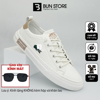 Giày Da Sneaker Nam Cao Cấp, Dây Giày Lười Co Giãn, Màu Trắng, Thêu Cá, Nhẹ Êm - BunStore G6902