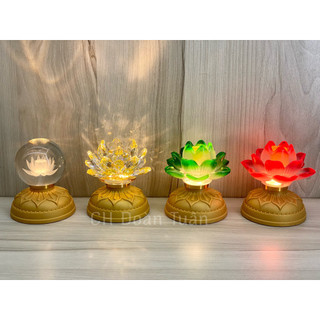  Đèn bàn thờ hoa sen pha lê sạc điện - Đèn thờ sạc hoa sen lưu ly cao 11cm 
